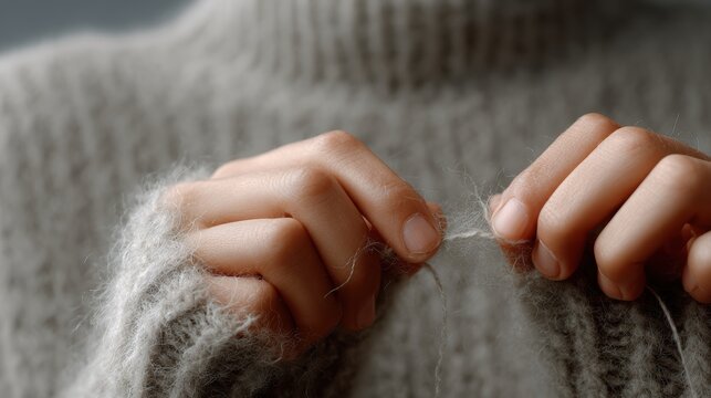 Close-up of hands picking at frayed sweater thread, capturing moment of anxiety and fidgeting, soft lighting, intimate and emotional mood