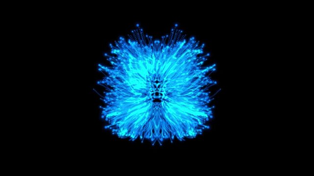 Blue Neon Energy Particle Explosion Animation on Black Background, Futuristic Abstract Burst in 4K