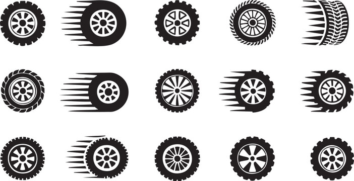 set car wheel icon collection. fast speed wheels symbol tire track texture racing logo design vector illustration