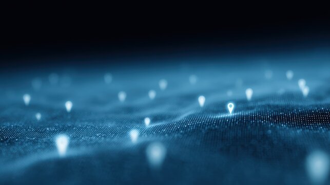 Glowing blue digital map mesh with illuminated location pins and scattered data points, futuristic connectivity and precision concept, clean modern tech style