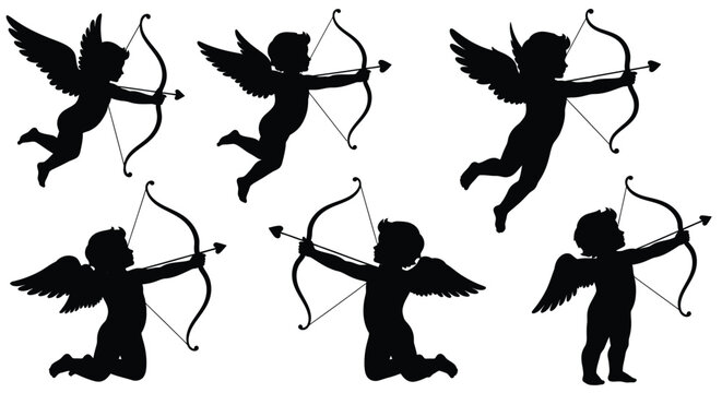 Cupid silhouettes with bow and arrow black on white background