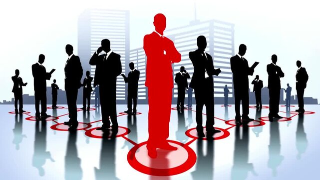 Red Business Leader Standing Out in Corporate Crowd with Networking Lines