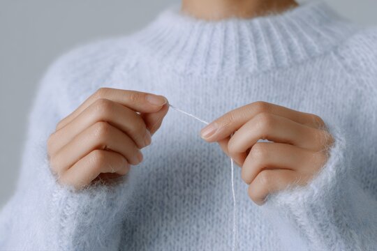 Anxious hands playing with loose thread on sweater, subtle detail, emotional tension and nervous habit concept, minimal background