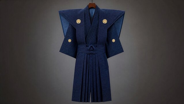 infamy. Japanese samurai formal attire on a wooden hanger, studio lighting. event programs, museum guides, designed for cultural heritage projects and event programs, supports education.