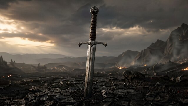 longsword. A medieval knight's longsword thrust into charred, cracked earth. event programs, museum guides, designed for cultural heritage projects and event programs, used by brand managers.