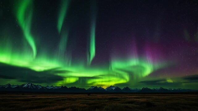 Dancing green lights dominate the clear night sky, with a touch of purple on the right side, creating a dramatic reflection of light on the horizon.
