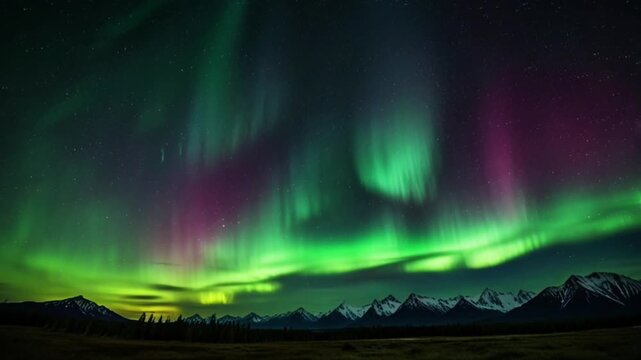 The star-filled night sky is adorned with a curtain of bright green, purple, and reddish light that dances dynamically.