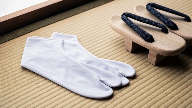 tabi. New Japanese tabi socks and geta sandals arranged on a tatami mat. lifestyle magazines, social media lookbooks, designed for lifestyle magazines and social media content, used by videographers.
