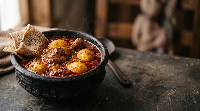 Ethiopian Doro Wat Chicken Stew in Black Clay Pot
