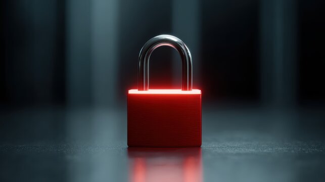 3D illustration of glowing red padlock in server room, cybersecurity and data protection concept, ransomware and malware attack warning, dark tech background