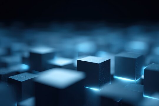 Futuristic grid of floating blue cubes with glowing edges, abstract tech background for data visualization, minimal design, dark theme