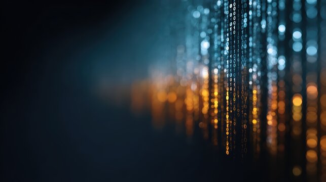 Abstract colorful data streams merging into binary code on dark blue background, big data pipeline ETL AI machine learning concept, neural network and analytics integration, clean modern style