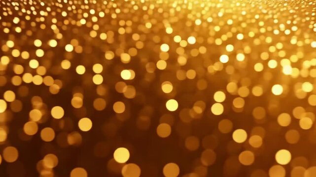 A bright golden Christmas background features glowing bokeh lights and shiny glitter patterns, creating a magical defocused holiday design with a warm orange glow for a festive night celebration 