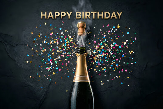 Champagne bottle exploding cork, dynamic confetti shower, dark background, festive celebration