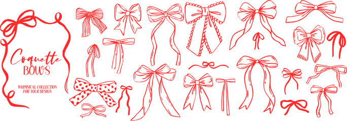 Red ribbon and bow vector for a cute coquette tie. Each gift illustration is drawn by hand. Choose a whimsical or vintage doodle for your art © VirinaDesign