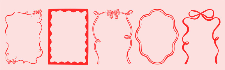 Obraz premium Hand-drawn frame with whimsical bow and ribbon details. Vintage doodle border perfect for wedding invitations, Valentine's Day cards, or romantic menu designs with decorative charm