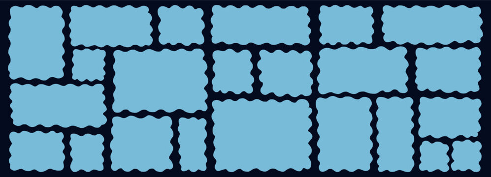Playful abstract borders with curvy cloud-like forms and wavy edges. Irregular geometric bubbles, fluid blobs, and asymmetric banners for fun vector graphics.