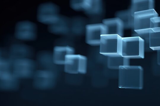 Futuristic grid of floating blue cubes with glowing edges, abstract tech background for data visualization, minimal design, dark theme