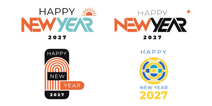 Modern Happy New Year 2027 designs featuring geometric shapes, sunrise and globe motifs, bold typography, and vibrant abstract layouts for greeting cards, posters, and digital graphics