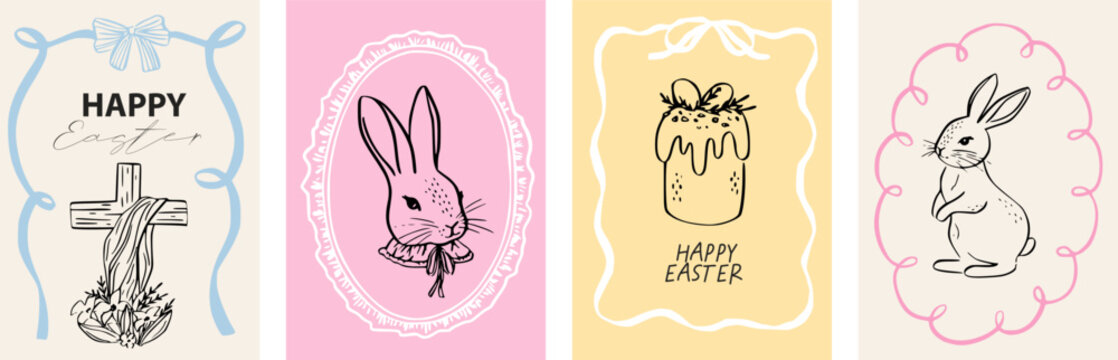 Easter frame with charming bow details and whimsical rabbit motif. Elegant floral border in soft pink tones, ideal for spring celebration graphics and cottage-style decor