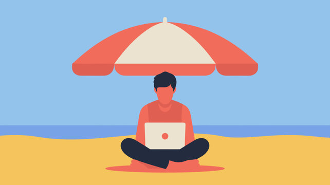 Flat vector of remote worker at the beach &ndash; Great for vacation work themes, freelance lifestyle, or travel agency ads.