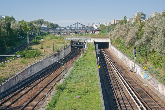 high angle view on parallel railway tracks in Berlihn, Germany 
