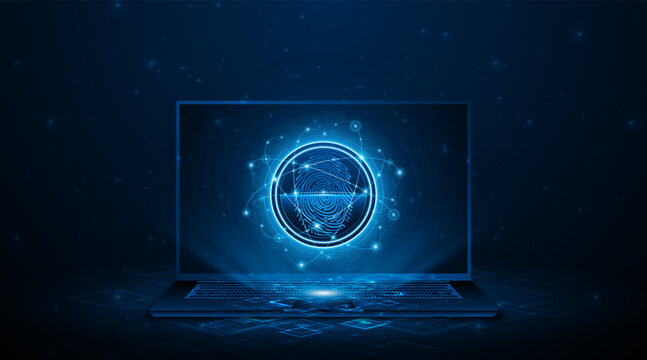 Cybersecurity concept. Futuristic biometric fingerprint scanner floating above a laptop. Digital identity verification and data protection technology for secure network access.