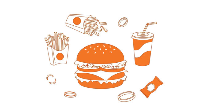 Fast food items float around a central cheeseburger on a white background illustration