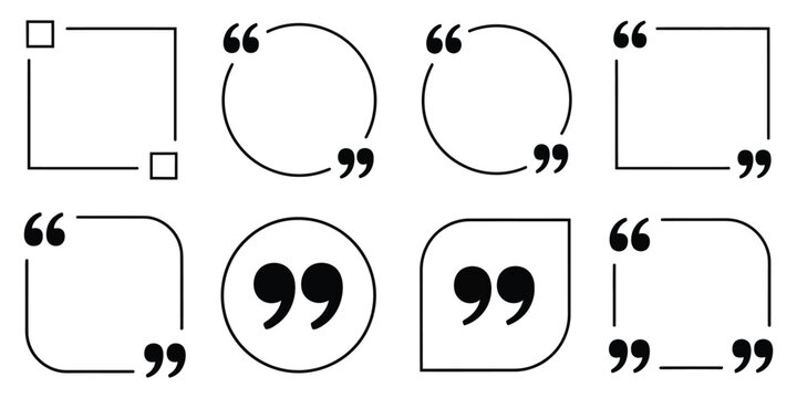 Quote box frame icon set with blank template quotation remark empty speech bubble variations and frame shapes for text placeholders UI elements and interface layout vector