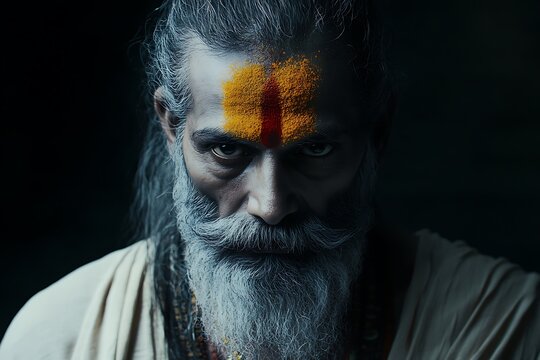 Intense Portrait of a Sadhu with Piercing Gaze and Paint