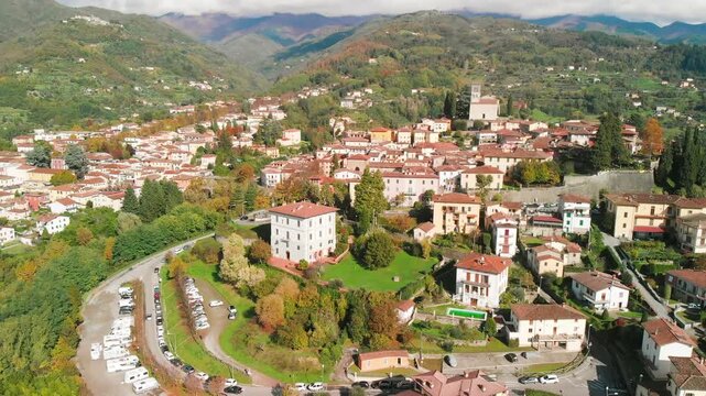 Aerial view of Barga, Garfagnana, showcasing the picturesque Italian village on a sunny day