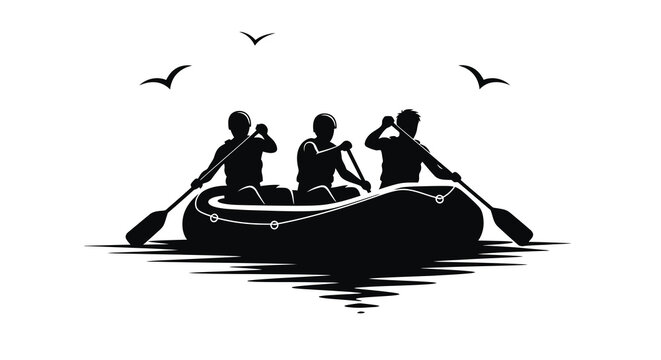 Silhouette of three people rowing a boat on water with birds flying overhead