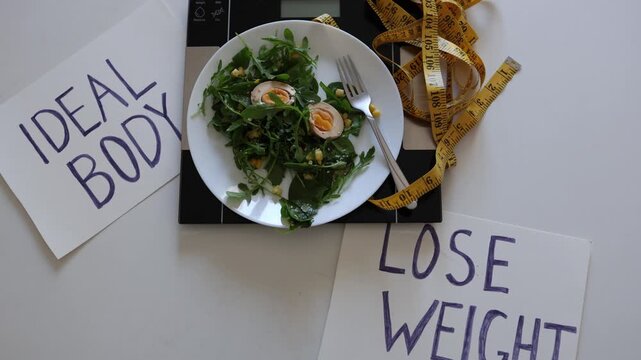 Healthy salad on a scale with measuring tape and body goal notes shows diet culture pressure weight loss obsession and the struggle between wellness and self acceptance