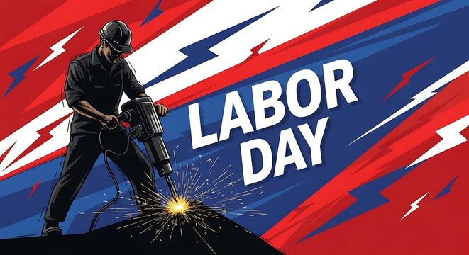 Labor day illustration construction worker with jackhammer and patriotic american flag background