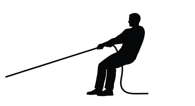 Silhouette of a man sitting and pulling a long rope silhouette