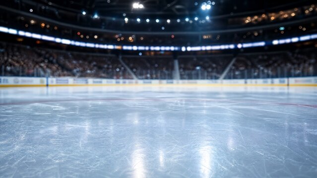 rink. Expansive ice rink with a pristine frozen surface reflecting arena lights. event key visuals, club posters, designed for fitness apps and gym onboarding, used by fitness trainers.