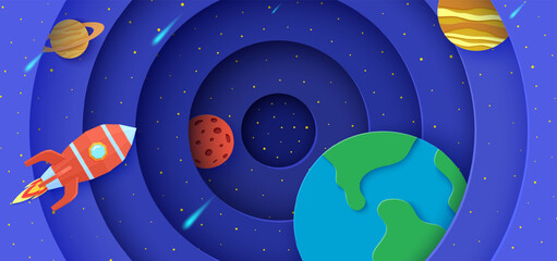 Round layers galaxy space with cartoon planets red polygonal rocket, comets. 3d vector papercut starry night sky background. Education kids background with cosmic science Earth, Saturn, Jupiter, Mars © A_Y_N