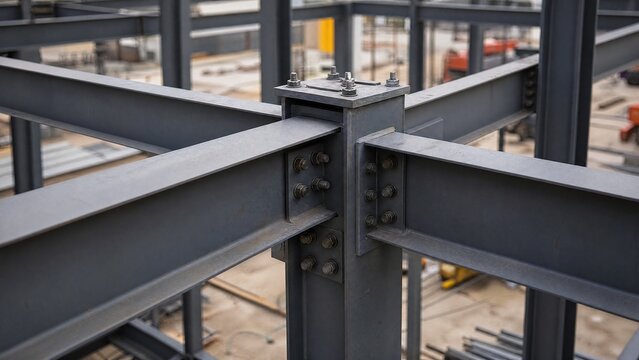 girder. Industrial steel framework construction detail showing metal beams at an angle. safety posters, maintenance manuals, designed for industrial assembly lines and welding operations.