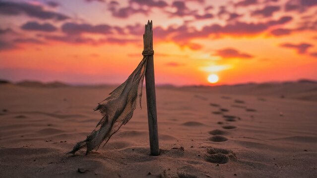 sedition. Broken flagpole in sandy ground with retreating footprints, sunset symbolic of surrender. inspiring travel planning.
