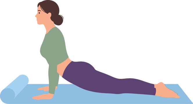 Woman performing yoga cobra pose on blue mat as relaxing fitness art.