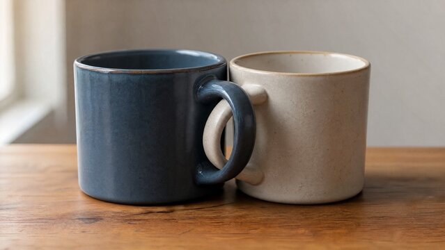 schlegel. Two ceramic mugs of different colors interlocked on a wooden table. bar promotions, beverage menus, designed for product packaging and bar promotions, used by logistics managers.
