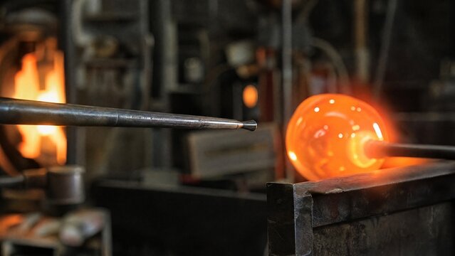 blowpipe. A slender metal blowpipe aimed at a glowing molten glass orb in a dark workshop. safety posters, maintenance manuals, designed for industrial assembly lines and welding operations.
