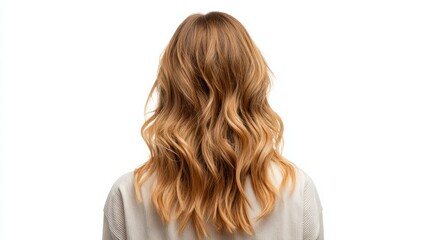 Fototapeta premium Back view of a girl with long natural wavy hair, extremely healthy and shiny, wearing a simple colored top, white wall background, focus entirely on hair, photorealistic