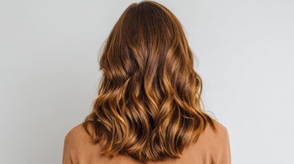 Fototapeta premium Back view of a girl with natural wavy hair, golden with bronze edges, soft shine, healthy look, simple muted top, against white background, focus entirely on hair, minimal style, photorealistic