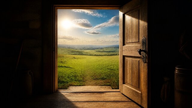 passable. A wooden door frame leading to a sunlit green field, strong contrast. travel magazines, destination branding, wall prints, designed for outdoor magazines and nature guides, used by chefs.