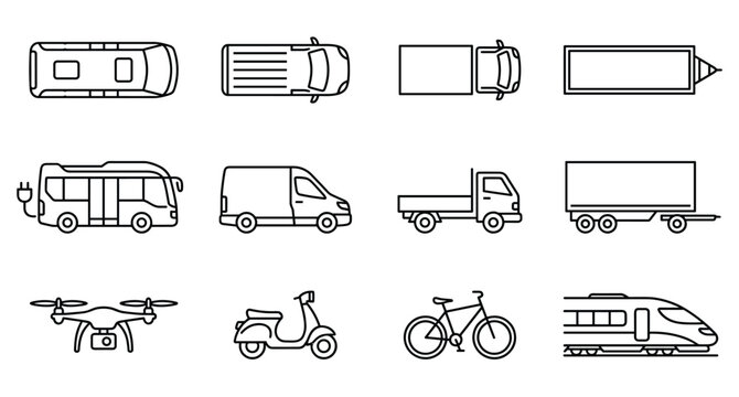 Commercial delivery vehicle and mini bus icon set for logistics transport vector illustration and urban distribution