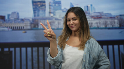 Fototapeta premium Woman holding up peace sign with hand by waterfront building and railing on the seaside; playful peace.