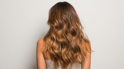 Fototapeta premium Rear shot, girl with natural wavy hair, soft golden tones, bronze edges, healthy matte finish, simple muted top, white wall, ultra-realistic hair detail, 8k
