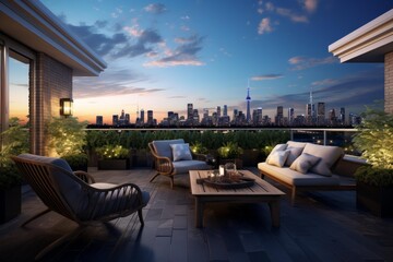 Naklejka premium Rooftop patio offering modern outdoor furniture and urban skyline views at dusk