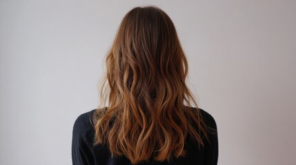 Fototapeta premium Rear view of a girl, wavy hair with subtle golden highlights and bronze tips, natural texture, soft low shine, simple top, plain white wall